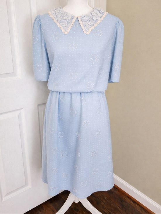 Glamax Dresses & Skirts - Vintage 1970s Blue Lace Collar Dress | Size 15–16 | Made in USA | Grandmacore